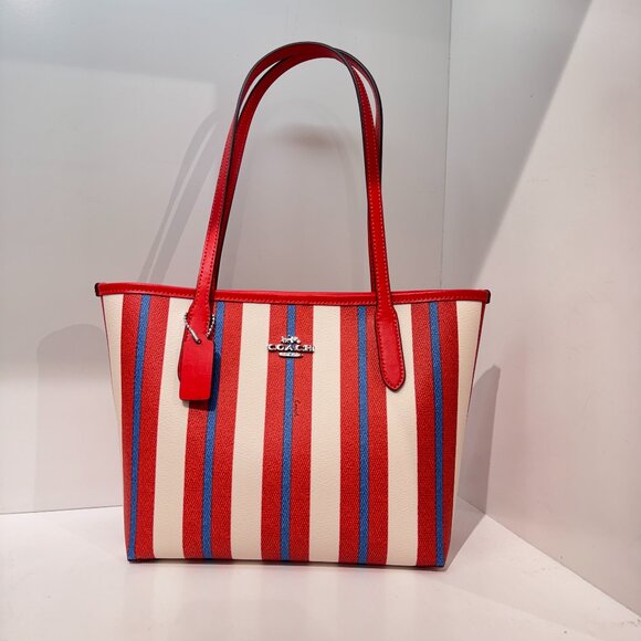 NWT Coach CT824 Small City Tote With Stripe Print Canvas Leather Chalk/Red Multi - Picture 1 of 7